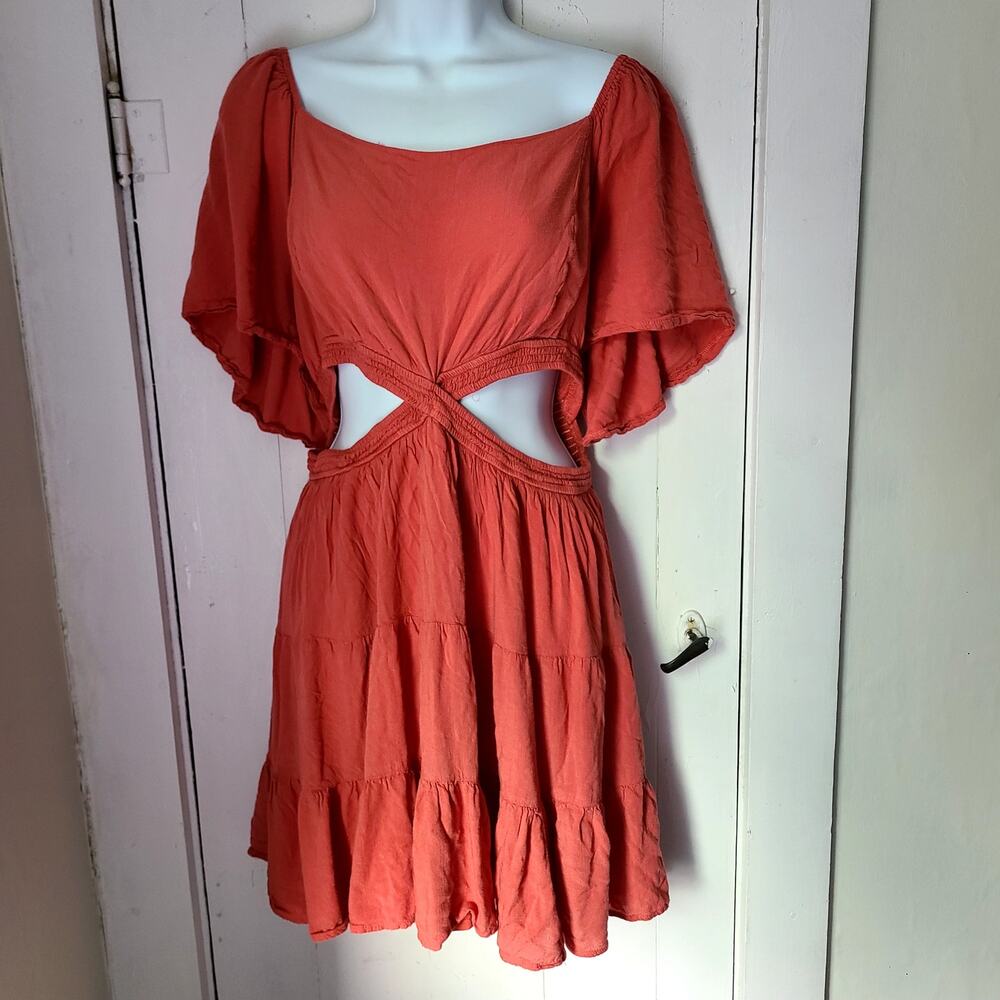 Arula Coral Orange Cutout Mini Dress Size 8 Flowy Boho Flutter Sleeve
